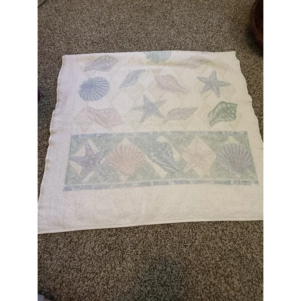 Vintage 90s Seashell Print Bath Towel Set Cotton Peach Blue Cream Mermaid Pastel
